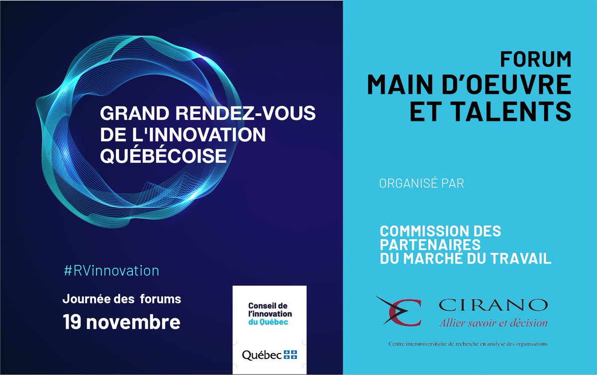 [#RVinnovation] Le 19 novembre, nous organisons, avec la @CPMT, le forum « Main d’œuvre et talents » dans le cadre du Grand rendez-vous de l’innovation québécoise d'@economie_quebec et @Conseilinno_qc Rdv ici pour assister aux sessions publiques 👉 bit.ly/3GLmhLF