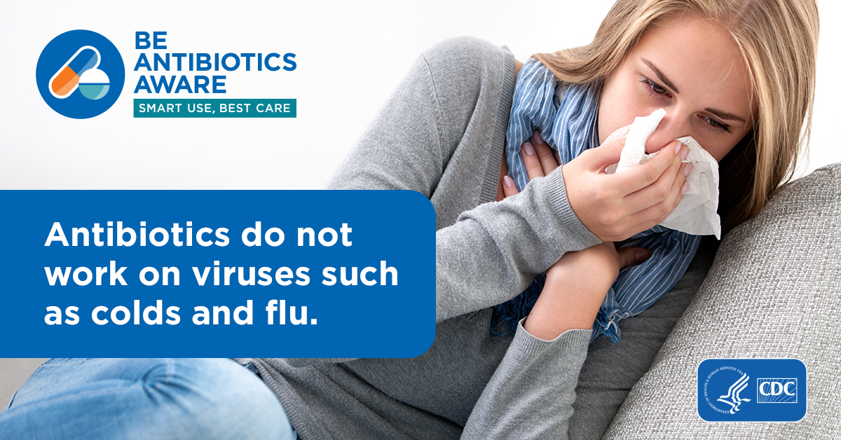 November 18-24 is US Antibiotic Awareness Week. Have a virus (cold, flu)? You can feel better without antibiotics. Ask your healthcare professional or pharmacist about the best way to feel better while your body fights off the virus. bit.ly/3rKkb7M