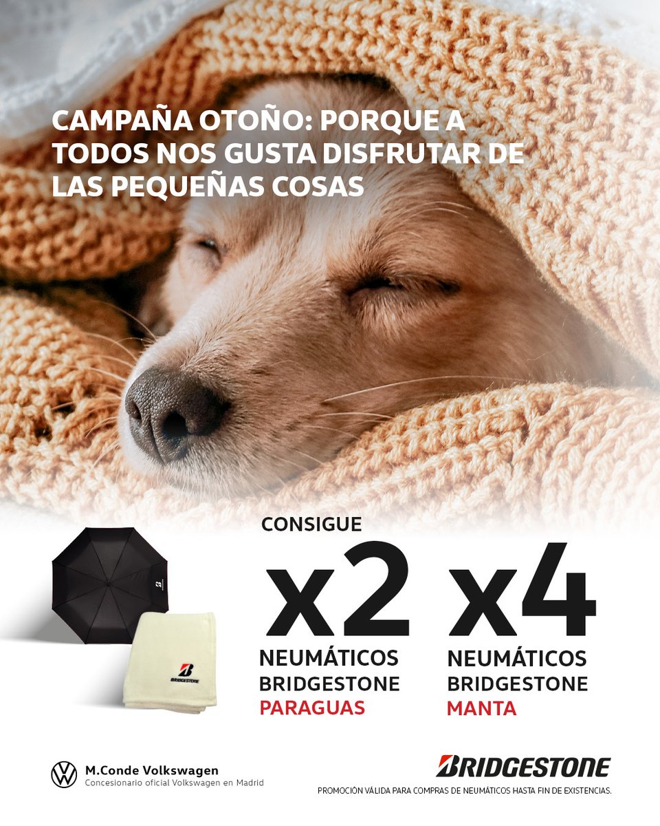 VWMConde's tweet photo. Vete preparando para los viajes de navidad estrenando neumáticos con nuestra campaña especial de otoño con Bridgestone y estos regalos exclusivos:
▶️ Por la compra de 2, un Paraguas de regalo.
▶️ Por la compra de 4, una Manta de regalo.

Más info: https://t.co/Mce2ZzJA3k https://t.co/VWkSbAKVWm