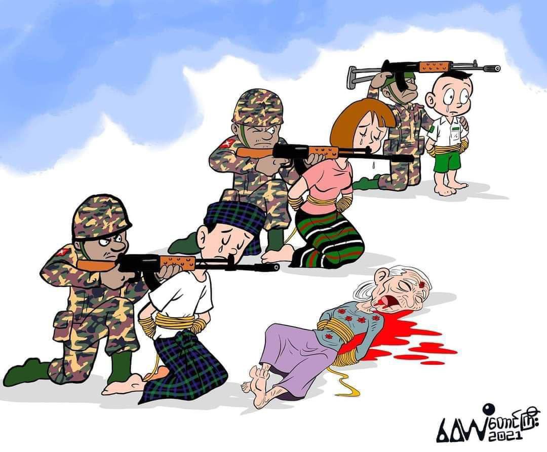 Bay_Lay_88's tweet photo. As Massive SAC forces are deliberately firing artillery shells,4000 villagers had to flee. 2 underage civilians  had been taken as Human Shields.Snipers of Military are aiming from Towers and ready to shoot civilians dead at Yezagyo. #Nov18Coup #WhatsHappeningInMyanmar https://t.co/CR6xUFGPUP