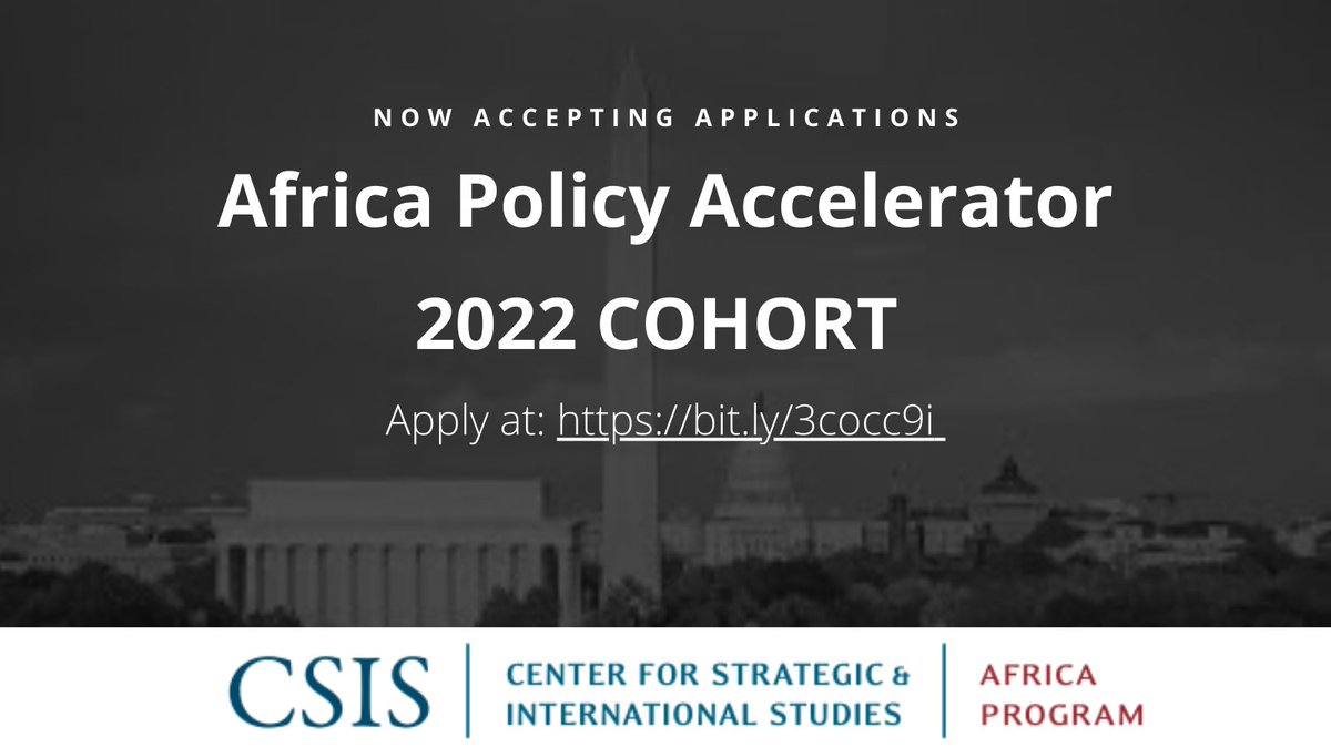 CSISAfrica's tweet photo. 📢Applications are now open for the 2022 Cohort of @CSIS's Africa Policy Accelerator (APA)! Join a lively group of young DC professionals for monthly meet-ups focused on US-Africa policy. Apply here by December 14: https://t.co/bDwKZeM5I5 https://t.co/6LcNOVAJE9