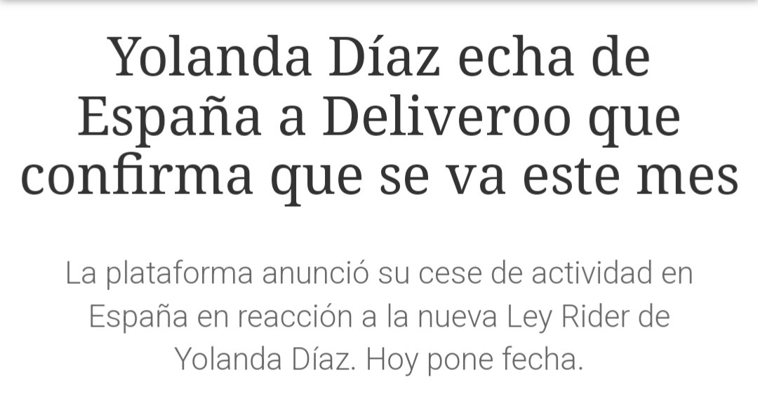 Titular real: "Deliveroo asume que es incapaz de hacer negocio si le obligan a respetar el estatuto de los trabajadores y cierra su filial en España.
La plataforma es incapaz de competir en igualdad de condiciones ante empresas que sí cumplen la ley."
