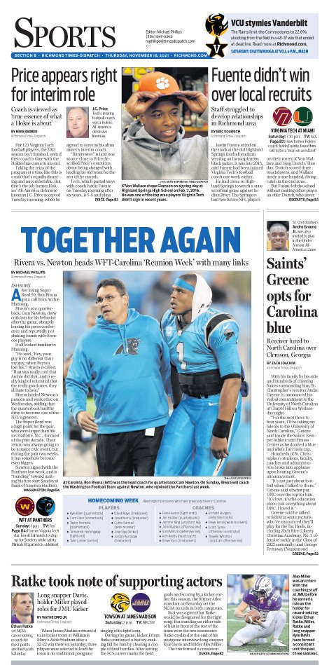 cwilinric's tweet photo. Nov. 18 @RTDSports featuring #ReunionWeek for #WashingtonFootball and #CarolinaPanthers, plus more #HokiesFB fallout, @804Varsity @STCAthletics @JMUFootball @WMTribeFootball #UVAFootball @SpiderMBB #UVAMensHoops #MLB #NFL and more https://t.co/7aA4Lq7Tnb