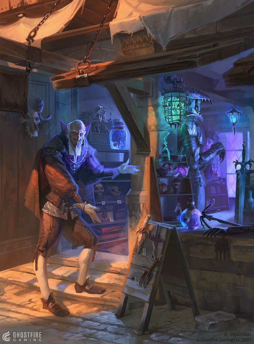 OlgaDrebas's tweet photo. About a year ago I painted this very inviting item shop and its absolutely not creepy owner for Grim Hollow Player's Guide, just released by @GhostfireG 
AD Suzanne Helmigh @SHelmigh 

This sure was a step out of my comfort zone. Here's to making more art like this and beyond :) https://t.co/VsoNxqpjiF