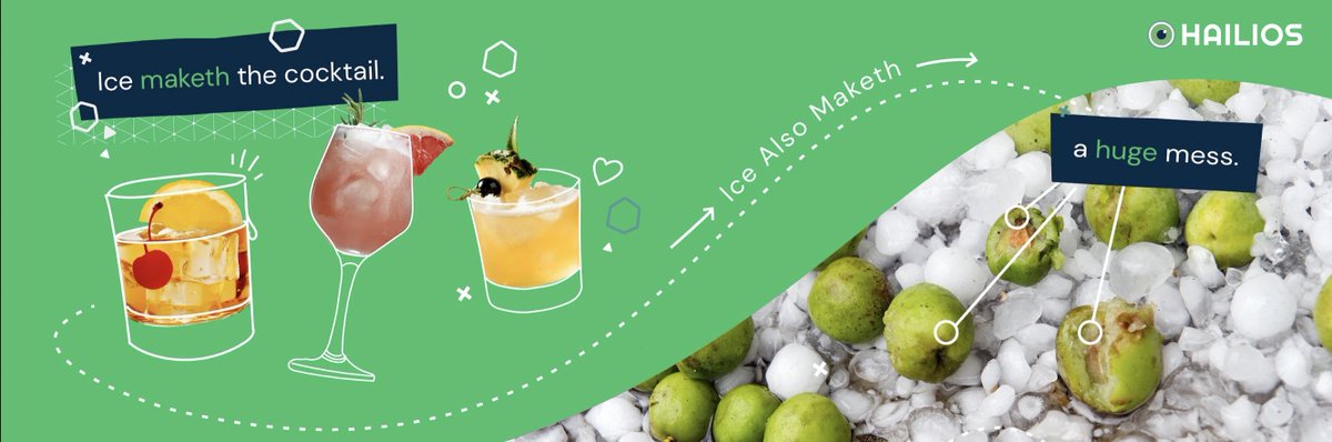 HailiosInc's tweet photo. Come for the cocktails, stay for the mass destruction.
#hail #hailios #insurtech #wxtwitter #ice #cocktail #cocktailice #wx #weather #weatherjokes https://t.co/NFEOSknuun