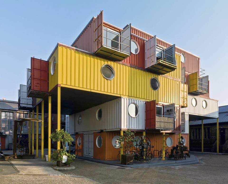 Container City 1, Trinity Buoy Wharf , where the Thames and Bow Creek meet . Built in 2000, one of the first examples of the adaptation of shipping containers. Trinity Buoy Wharf is also home to London’s only lighthouse. Image ©️Historic England Archive, Chris Redgrave.
