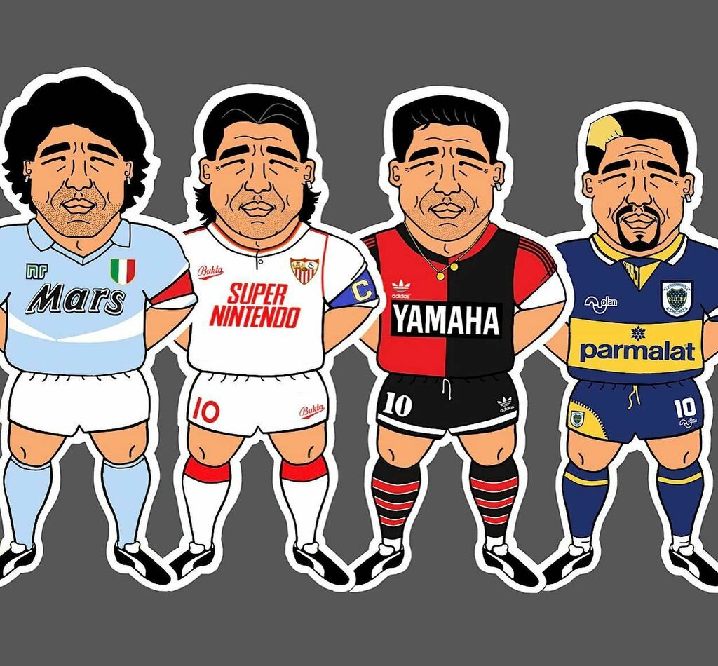 TheBamBamClub's tweet photo. It’s the whole gang. 🌞 

Would make a lovely car air freshener.

#d10 #d10s #diego #diegomaradona #napoli #sevilla #newellsoldboys #bocajuniors #illustration #paint https://t.co/AnvnpJK0Is