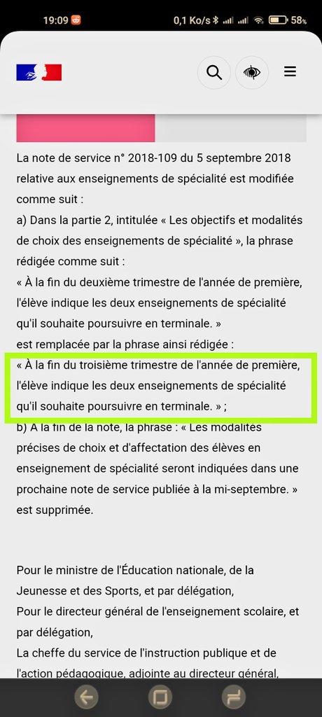 Au #BO de ce jour :
Les élèves de 1re choisissent les deux spécialités conservées en terminale à la fin de l'année (et non plus en fin de 2e trimestre).
education.gouv.fr/bo/21/Hebdo43/…