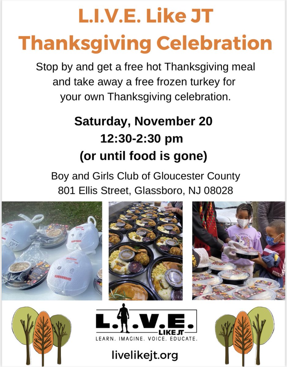 This Thanksgiving, we're partnering with <a href="/LIVELikeJT/">L.I.V.E. Like JT</a> to host a hot meal giveaway celebration at our Glassboro Club Center! Join us this Saturday, November 20th for a free hot Thanksgiving meal and take home a free frozen turkey for your Thanksgiving celebration. See you there!