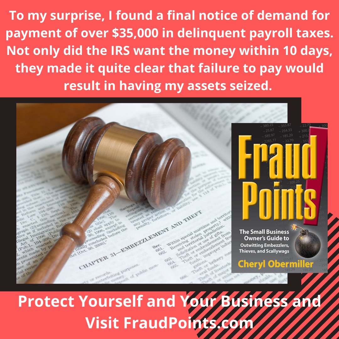 fraudpoints's tweet photo. To my surprise, I found a final notice of demand for payment of over $35,000 in delinquent payroll taxes. The IRS wanted the money within 10 days. My bookkeeper had committed Fraud.
#FraudPoints #Fraud #CherylObermiller #SmallBusinessOwner #Embezzelment #SmallBusiness #Scam https://t.co/xwVCPqYUzv