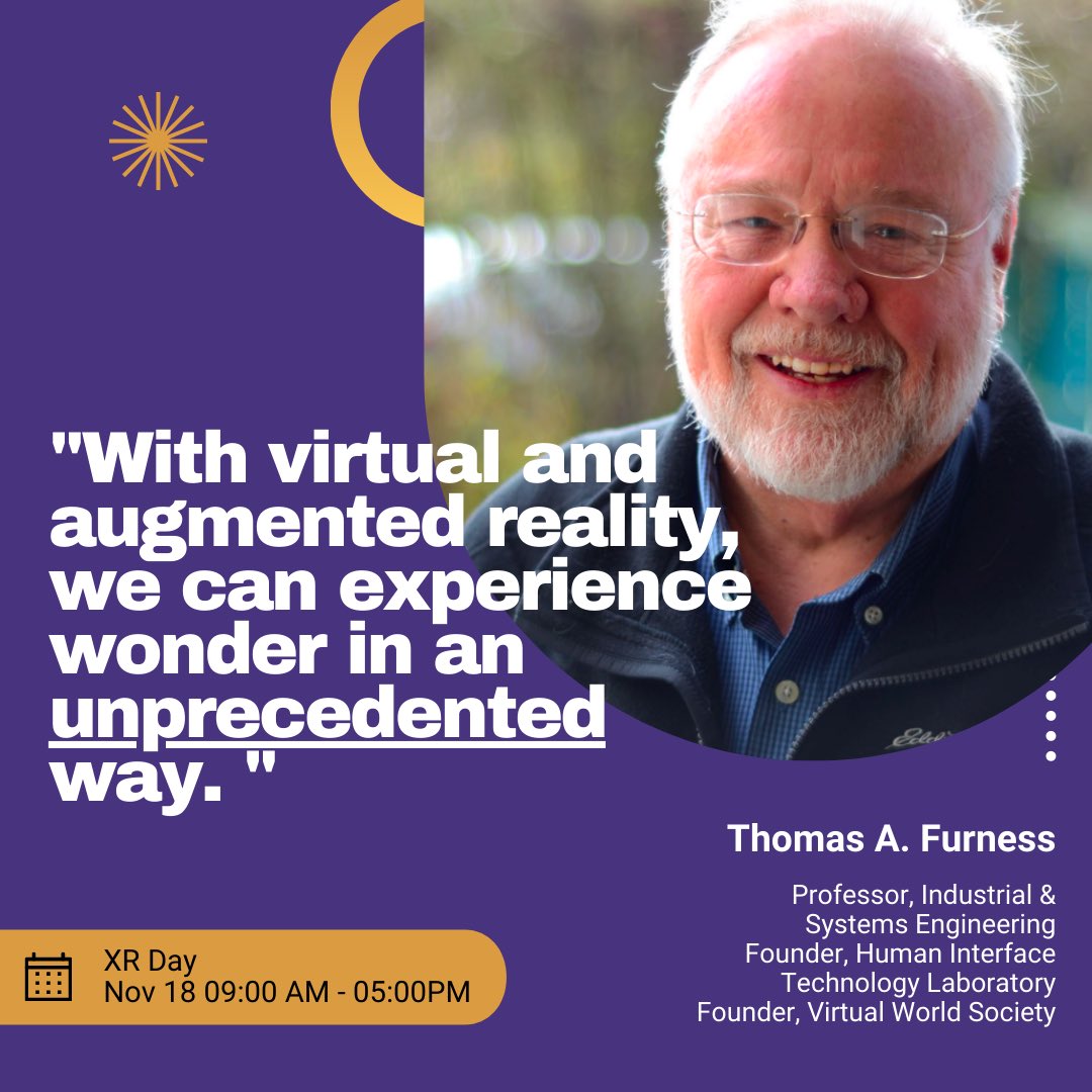 XrdaySeattle's tweet photo. Wonderful speech from Thomas A. Furness, the grandfather of Virtual Reality, on “Past, Present, Future of VR”
#XRday #hcde @XrdaySeattle @hcdeUW https://t.co/OCvdGOEqaF