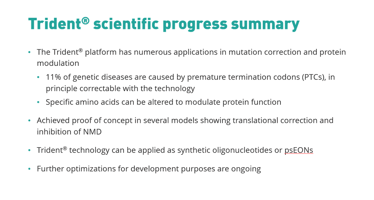 ProQR's tweet photo. Trident update: Achieved proof of concept in several models showing translational correction of premature #StopCodons in RNA and inhibition of nonsense
mediated decay. 
Further optimizations of the Trident platform for development purposes are ongoing.

#PseudoU #RNAediting https://t.co/wNKDsxOYh4