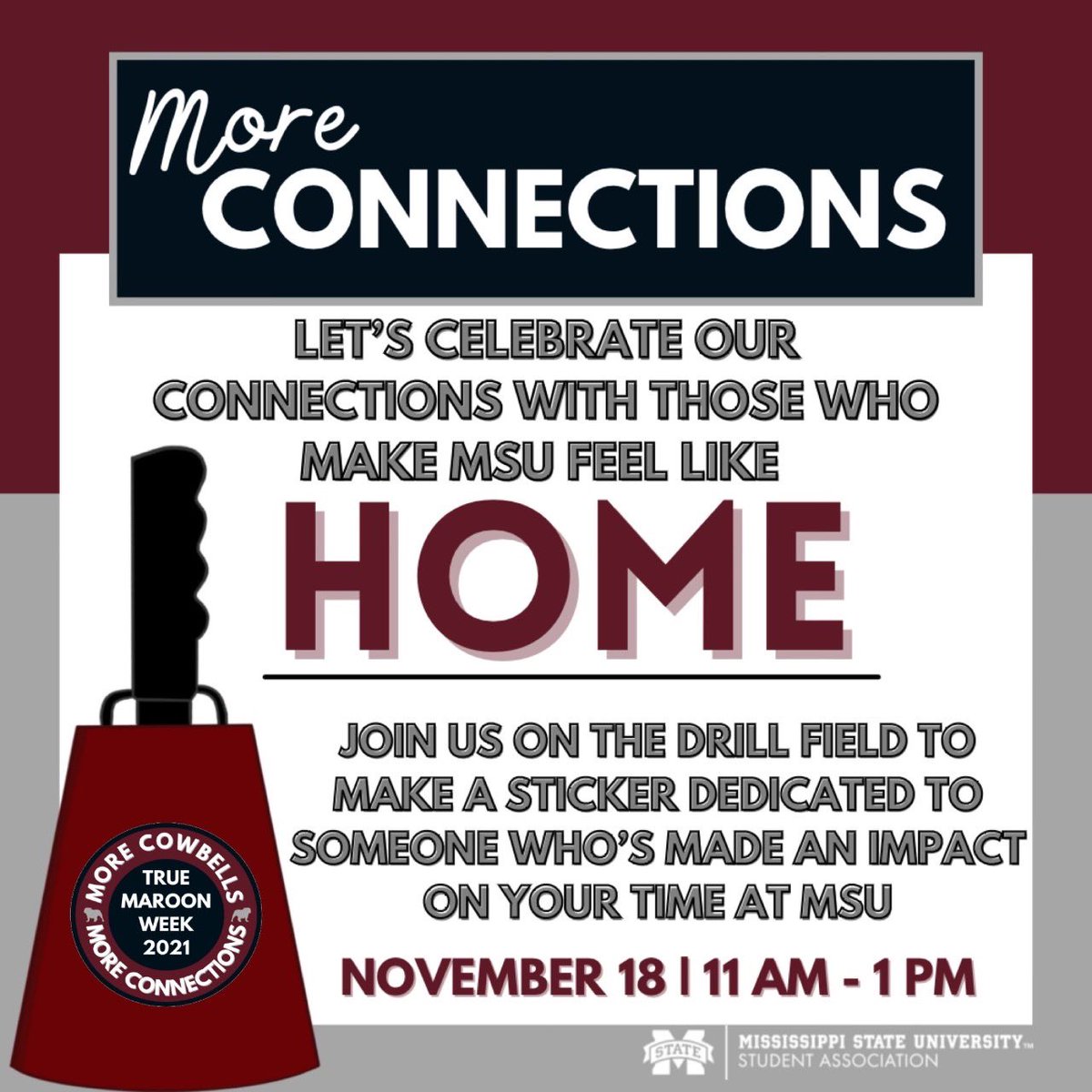 HAPPENING NOW! Today True Maroon week is all about connections. Meet us on the Drill Field and tell us how a student, alumni, or even a teacher has made an impact on YOU at Mississippi State. 🔔