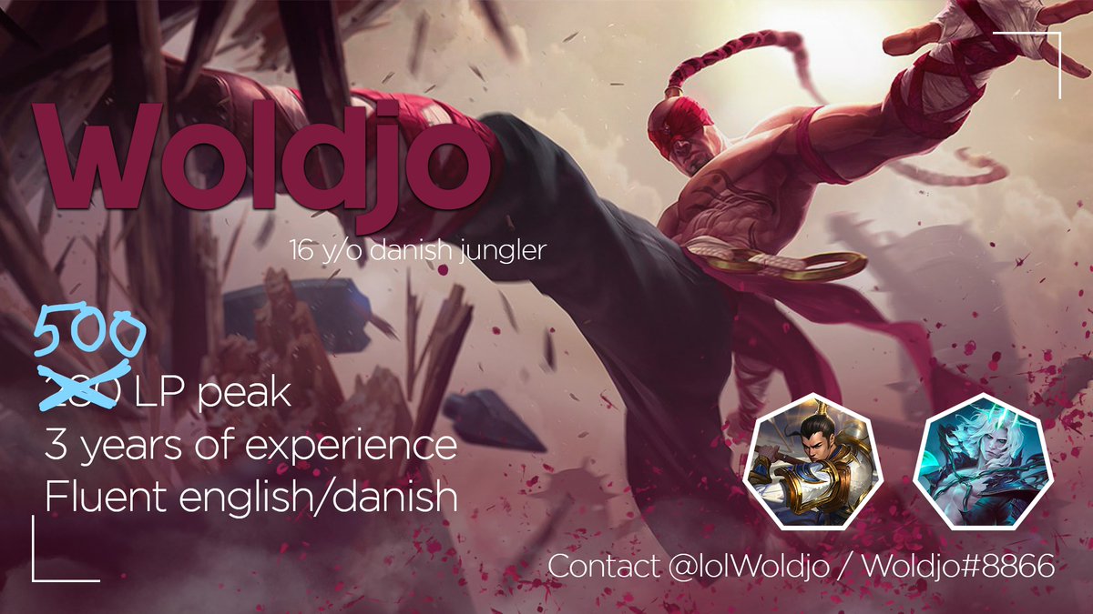 LFT Spring 2022
Still finishing playoffs with  <a href="/RSVGG/">Resolve</a> 
but I have been allowed to explore options

Danish residency - 16 y/o
lolpros.gg/player/woldjo