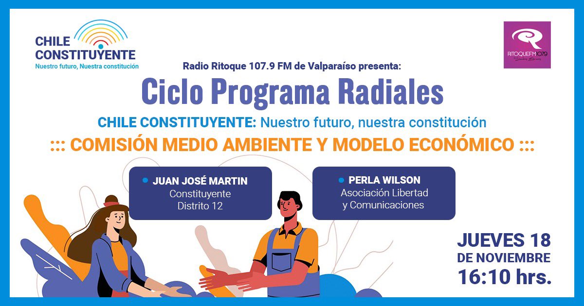 ClConstituyente's tweet photo. ¡No te lo pierdas! Activa tus alarmas porque hoy. Podrás escuchar un nuevo capítulo de Chile Constituyente en la radio @RitoqueFM. En esta oportunidad estaremos conversando con @JuanjoMartinb
⏰ 16:10 am
📻 107.9 FM
📡https://t.co/GMu7qY9c8h
 
¡Sintoniza! https://t.co/YFMVsZInPU
