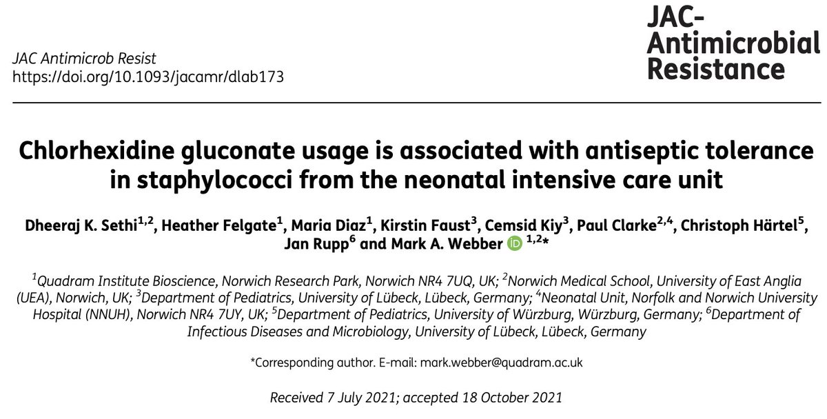 Chlorhexidine use is associated with antiseptic tolerance in NICU staph. isolates.

Our new #OpenAccess paper👉bit.ly/3nsemLp
Raises important considerations re. skin antiseptic choice in NICUs🧵
Bravo 1st author <a href="/Dheejks/">Dheeraj</a> <a href="/UEAMed/">MED UEA</a>
<a href="/ma_webber/">Mark Webber</a> + NICUs <a href="/NNUH/">Norfolk and Norwich University Hospitals</a>🇬🇧&amp; <a href="/UniLuebeck/">Universität Lübeck</a>🇩🇪