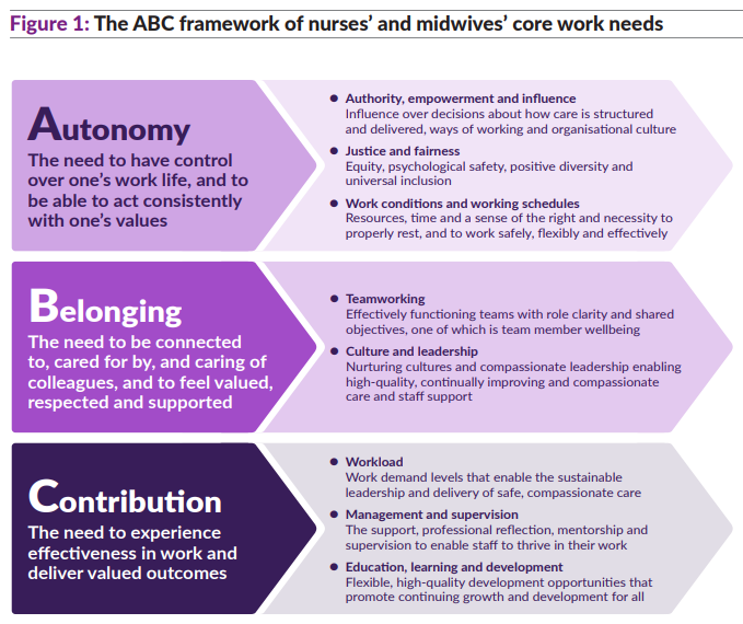 TheKingsFund's tweet photo. To ensure wellbeing and motivation at work research suggests that people have three core needs – autonomy, belonging and contribution. Our report sets out eight key recommendations to transform the working lives of nursing and midwifery staff – read more: https://t.co/jfbZX7mLJN https://t.co/FQsoZFDMEH