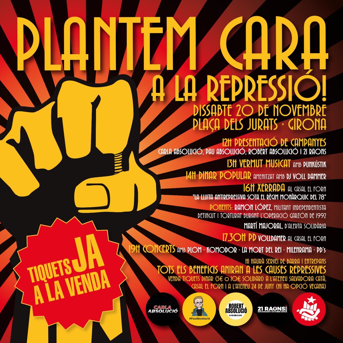 💡 Recordatori per dissabte: jornada contra la repressió

🍽️ Encara hi ha tiquets pel dinar a la venda. Al Casal, a l'<a href="/Ateneu24dejuny/">Ateneu 24 de juny</a> i <a href="/SalvadoraCata/">Ateneu Popular Salvadora Catà</a> 

👉 La xerrada de les 16h i la punxada de vinils tindran lloc al Casal, us hi esperem!
