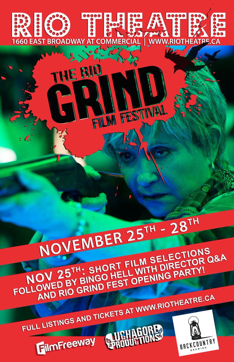 VANCOUVER!🍿🎥we throwing a party! My feature film #BINGOHELLmovie is opening #RioGrind at the beloved <a href="/RioTheatre/">Rio Theatre</a> Nov 25th!

Come drink, eat popcorn and take pics on the <a href="/LuchaGoreFilm/">LuchaGore Production</a> banner with us.

Only 5$ RSVP HERE: riotheatre.ca 

See you there amigos! #horror