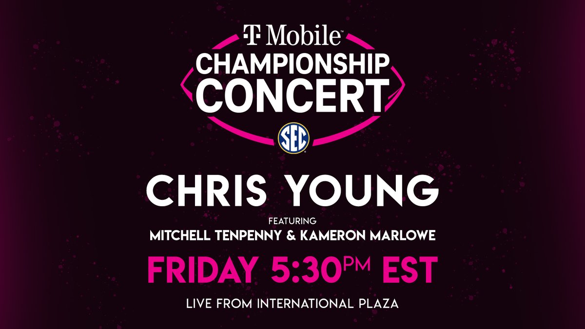 𝒘𝒆'𝒗𝒆 𝒈𝒐𝒕 𝒔𝒐𝒎𝒆 𝒇𝒂𝒎𝒐𝒖𝒔 𝒇𝒓𝒊𝒆𝒏𝒅𝒔...

<a href="/TMobile/">T-Mobile</a> #SECFB Championship Concert

⌈𝚍𝚎𝚎𝚝𝚜⌉
🎶 <a href="/ChrisYoungMusic/">ChrisYoungMusic</a> 
📍 International Plaza 
🗓 𝗗𝗲𝗰. 𝟯𝗿𝗱
⏰ 𝟱:𝟯𝟬 𝗣𝗠
🔗 bit.ly/secfbconcert21