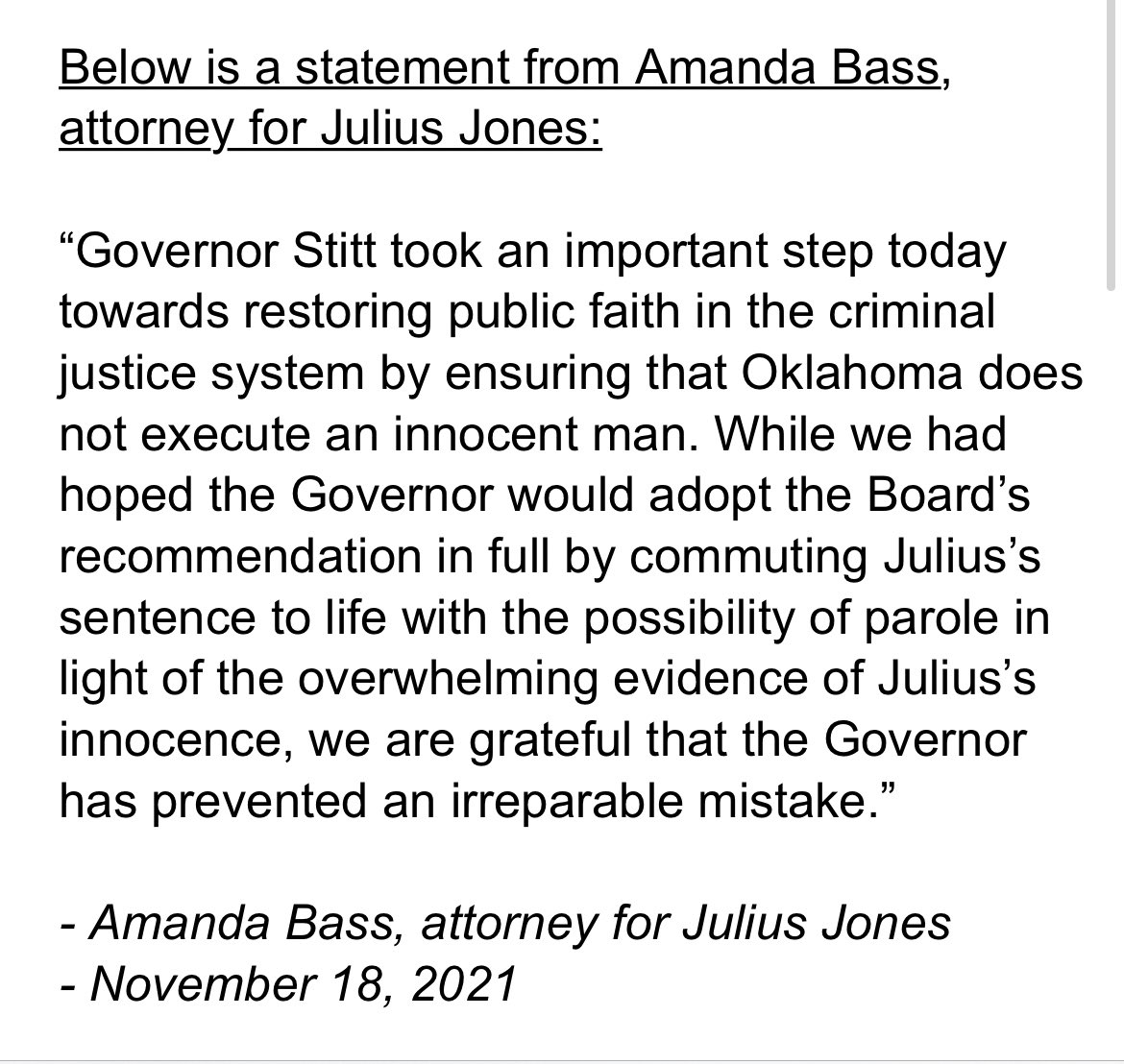Statement from Julius Jones’ attorney