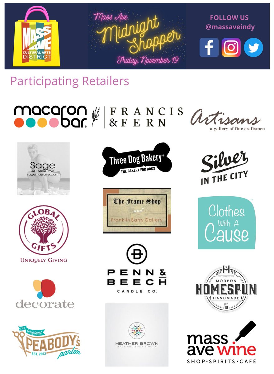 MassAveIndy's tweet photo. This is your line-up for Midnight Shopper TOMORROW, friends! NEW this year, stay warm with *hot cider or *hot chocolate TO GO + ask for a FREE Mass Ave sticker from these participating businesses! https://t.co/1NZLFMWE7v See you soon, night owls! moo🌙🛍♨ #shoplocal #shoplate https://t.co/jo96BR5hhJ