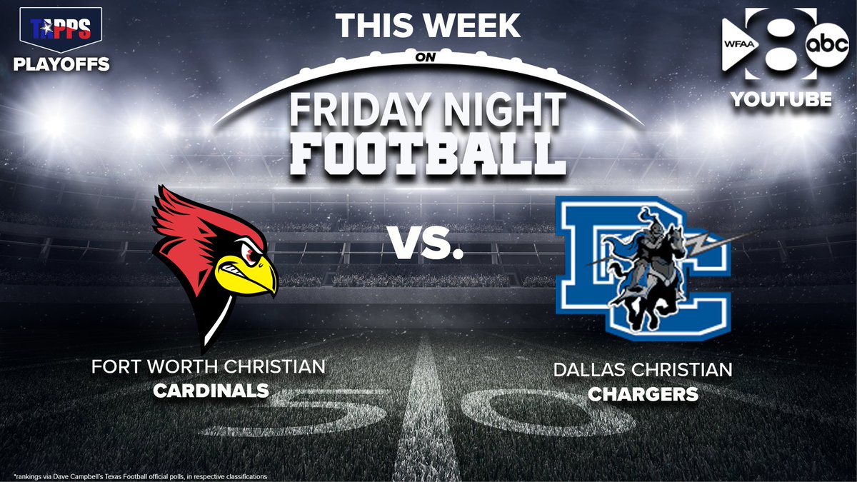 Tomorrow on #FridayNightFootball, a spot in the state semifinals is on the line, as the <a href="/DCSChargers/">Dallas Christian</a> take on <a href="/FWC_CardinalFB/">Fort Worth Christian Football</a>.

It's Dallas vs. Fort Worth, just like it should be.

Friday at 7:30, streaming live on the @WFAA YouTube channel and WFAA.com.
