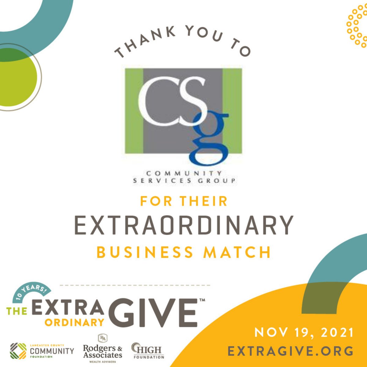 We are thrilled to announce another Extragive Business match. Starting at 4pm tomorrow, November 19th, Community Services Group (CSG) will match all donations up to $1,000. 
extragive.org/organizations/…  #extragive #supportnonprofits #igiveextra #lancaster #mentalhealth