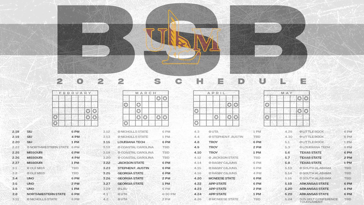 ULM_BSB's tweet photo. 🚨⚾️𝐔𝐍𝐕𝐄𝐈𝐋𝐈𝐍𝐆 𝐓𝐇𝐄 𝟐𝟎𝟐𝟐 𝐒𝐂𝐇𝐄𝐃𝐔𝐋𝐄⚾️🚨

29 home games, including opening weekend on the new turf at Warhawk Field!

Full schedule: https://t.co/KcNGkABIYs

#TheBestIsOnTheBayou 
#HawkYeah 
#Funroe https://t.co/Dk45lweBLz