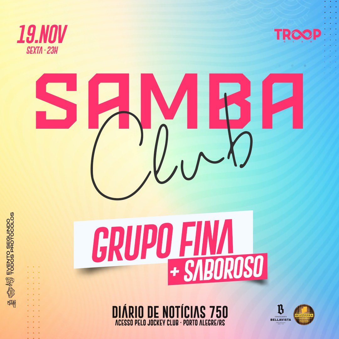tktproducoes's tweet photo. SEXTA é dia de #scsambaclub na Troop Club. 😍

Confira as atrações presentes nesta edição:
🎤 GRUPO FINA
🎧 DJ SABOROSO

#troopclub #uminfinitodesensações #sambaclub #ilovepagode #pagodinhodatroop #descubra #vempratroop

Reserve já o seu espaço : (51) 3085-0525. https://t.co/PoMvWUDQtV