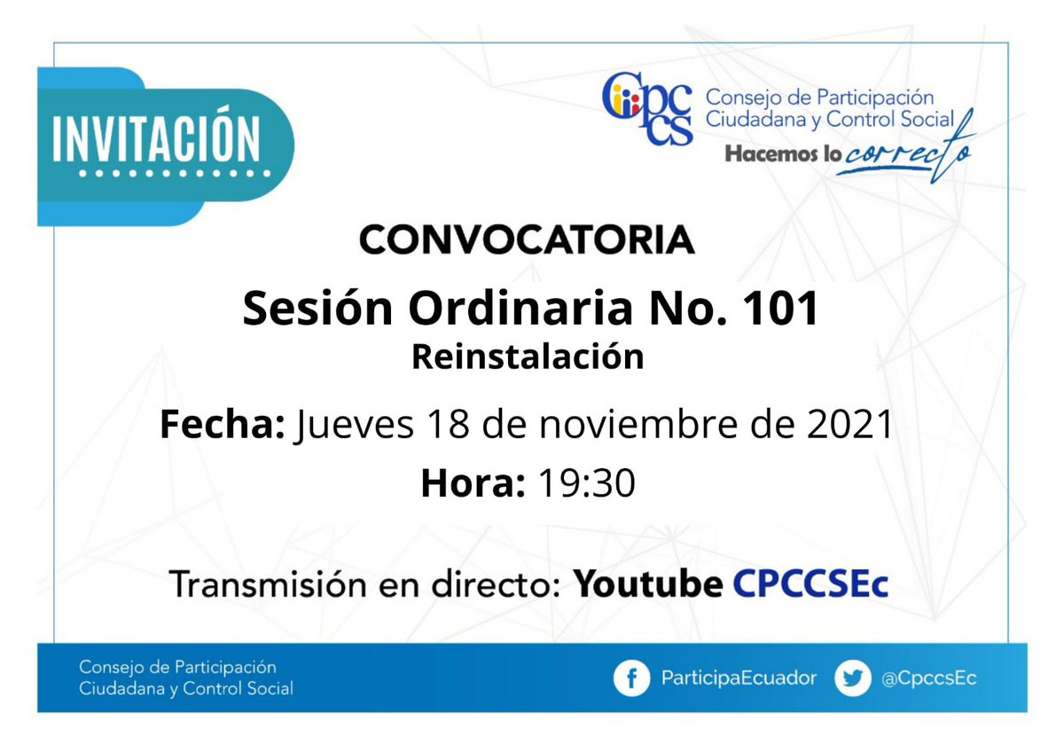 Acompáñanos en la reinstalación de la Sesión Ordinaria No. 101 del Pleno del #CPCCS, a través de nuestro canal de YouTube 👇 n9.cl/wez3 
Estos serán los puntos del orden del día 👇   
cpccs.gob.ec/wp-content/upl…

#PlenoVirtual #PlenoCpccs #HacemosLoCorrecto
