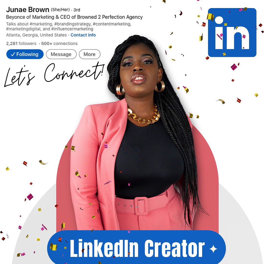 JunaeBrown's tweet photo. Very excited to announce that I’m officially a @LinkedIn creator! 🥳

My fave thing about the platform has always been how concentrated it is,&amp; so I’ll be specifically sharing variations of content for those who love to nerd out about Marketing like I do. 

Let the games begin!🧡 https://t.co/qxkQ1XWWas
