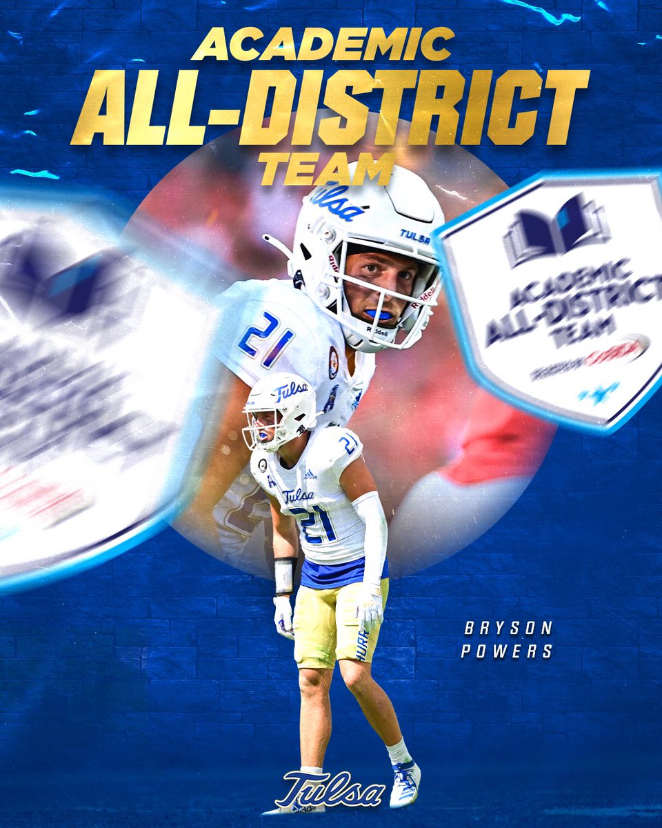 TulsaFootball's tweet photo. Congratulations to Bryson Powers (@PowersBryson) on being named to the CoSIDA Academic All-District 7 team!

#ReignCane 👑🌀 #HuntForTheCrown https://t.co/t9r8HQMinL