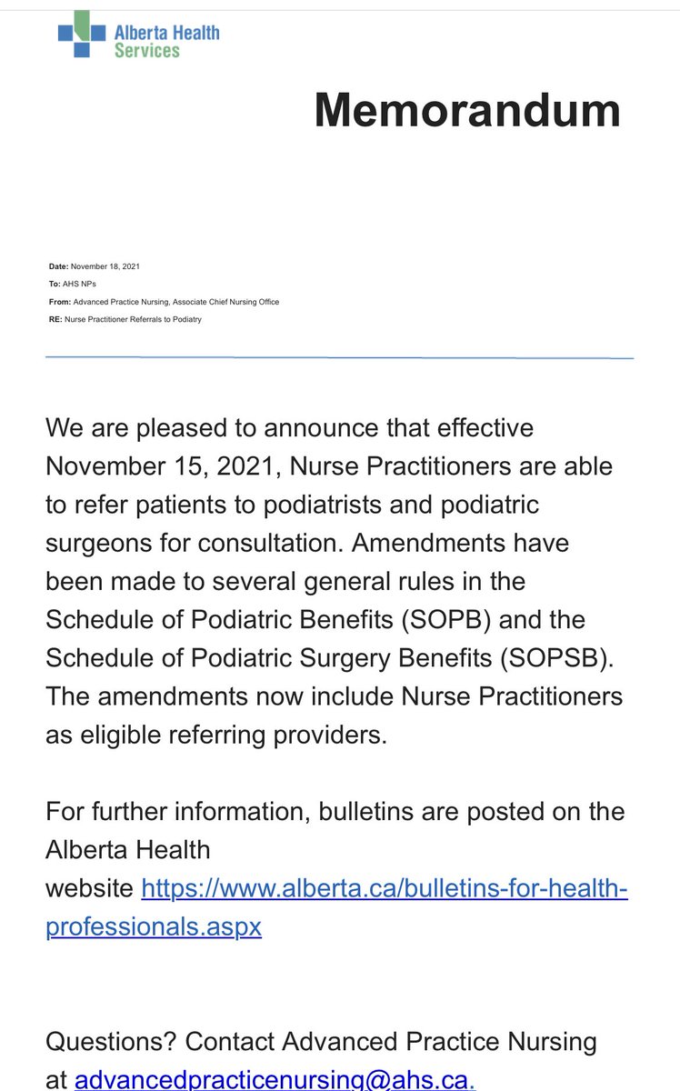 Great progress for #AlbertaNPs! Referrals to podiatrists are now accepted. #nursepractitioner  <a href="/AlbertaNPs/">NPAA</a> <a href="/GoAHealth/">Alberta Health</a> @AlbertaPodiatry