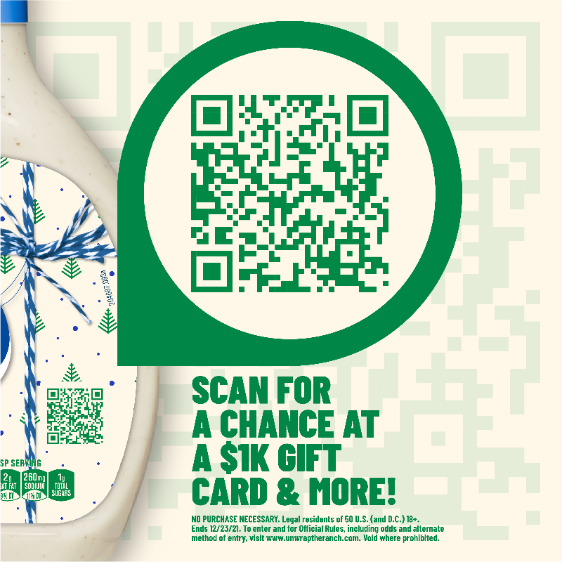 HVRanch's tweet photo. The holidays just got WAY more delicious. Scan the QR code on our limited-edition bottles to enter for a chance to win a $1000 gift card &amp; more. That’s a lotta ranch! See Official Rules at https://t.co/KD0OgnFTjm. We’ll cross our ranch-covered fingers for ya.