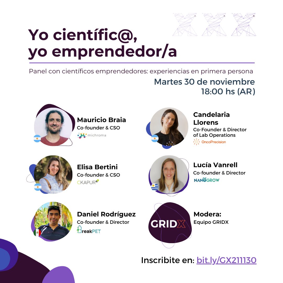 gridexp's tweet photo. Panel "Yo científic@, yo emprendedor/a"
Co-founders científic@s del portfolio GRIDX se reúnen a contar sus experiencias como emprendedores en startups 👩🏼🔬👨🏻🔬
📅 30/11
⏰ 18:00 (AR), 15:00 (CDMX)
🔗https://t.co/sEYHASzoRS
@michroma_co @NanogrowB @OncoPrecision1 #Ckapur #BreakPET https://t.co/vASuJgDTOA