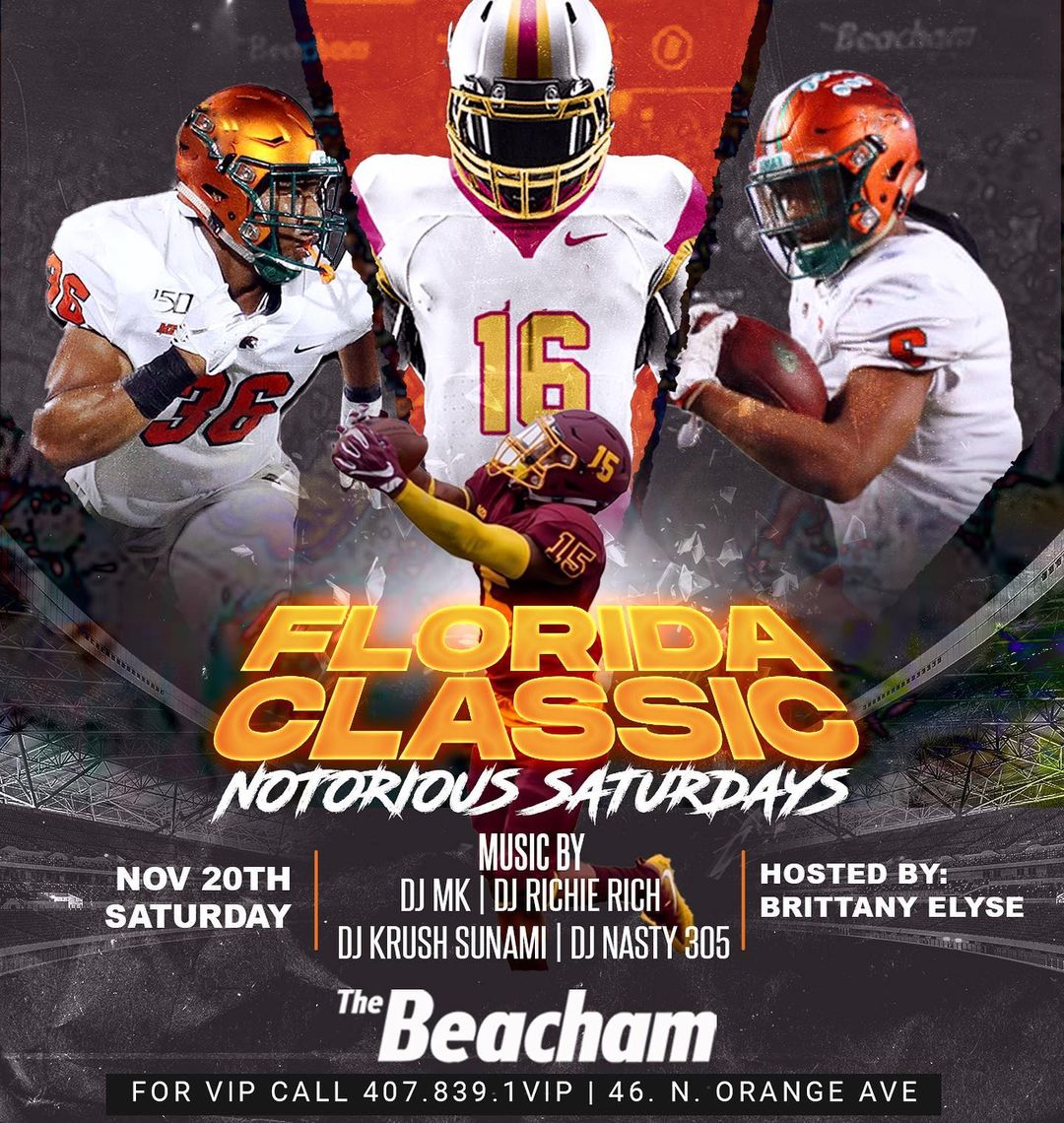 Classic Weekend Loading 🏈 Orlando’s Biggest Weekend of the year and sections are going 💨 Call 407.839.1VIP for sections or be left outside! Peep the line up below 👇🏾IYKYK FRIDAYS  x  NOTORIOUS SATURDAYS!