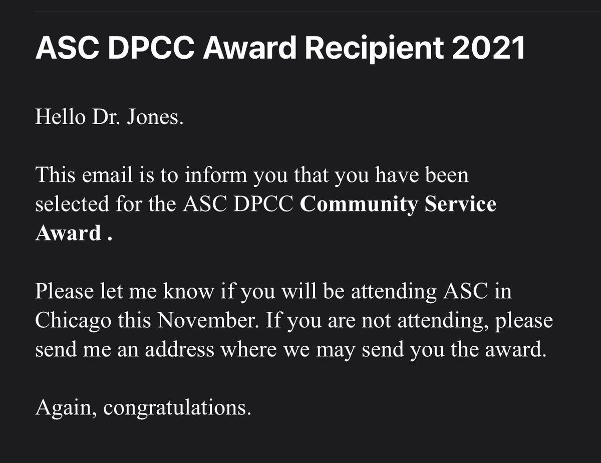 WHOA!! Today, I received the American Society of Criminology’s DPCC Award for Community Service!! It’s one thing to be recognized but to be recognized in the academy!! ✨#ThatsBIG! 🙌🏾
.
#ASC2021 #DPCC #MyCupRunnethOver