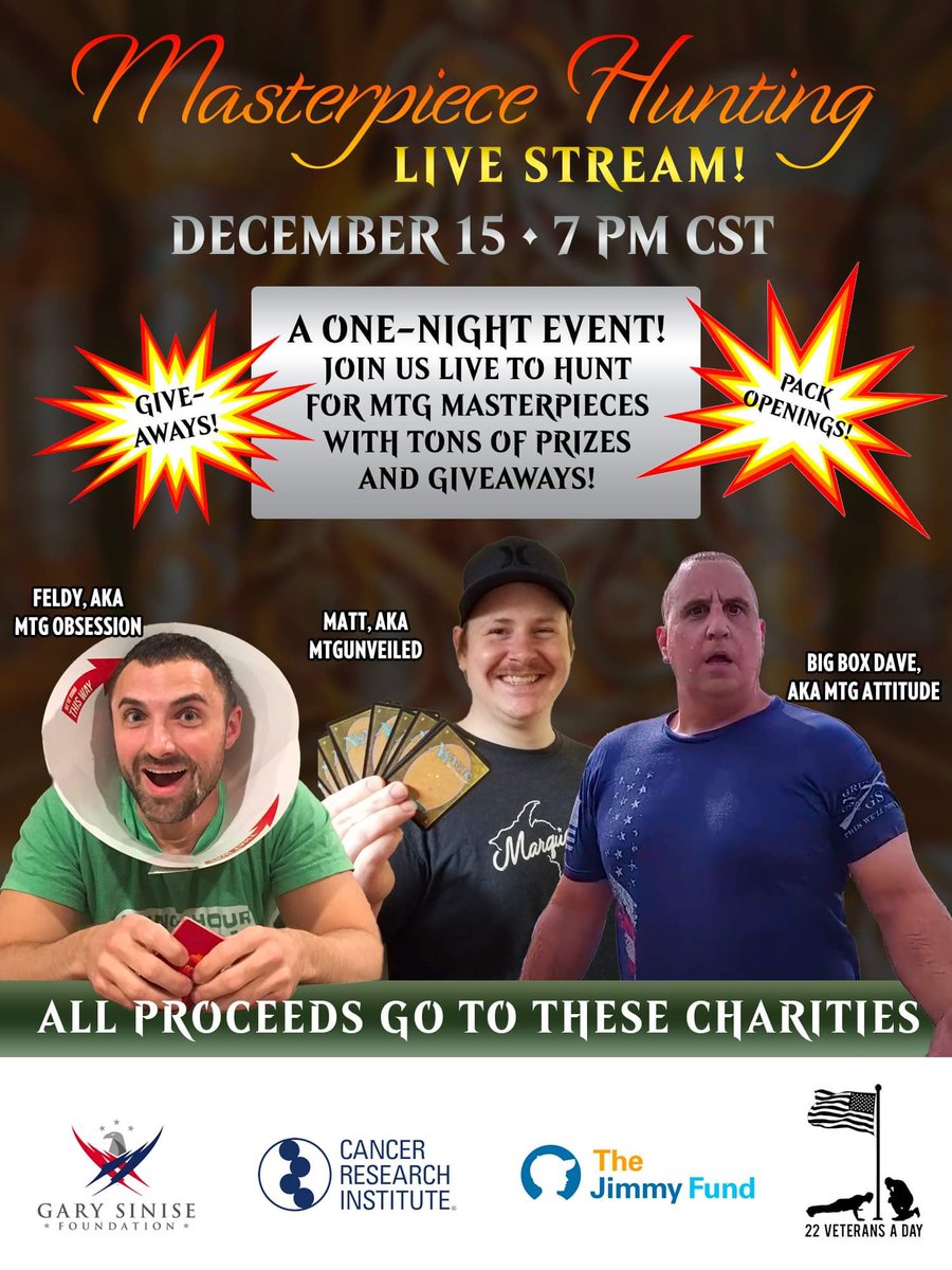 ProjectClash1's tweet photo. I am so excited to announce a live stream event that is going to help 4 incredible charities! Join us for a freaking insane time and great prizes! #mtg #MagicTheGathering #masterpieces #Livestream #charity https://t.co/Lbv0ZGXHly