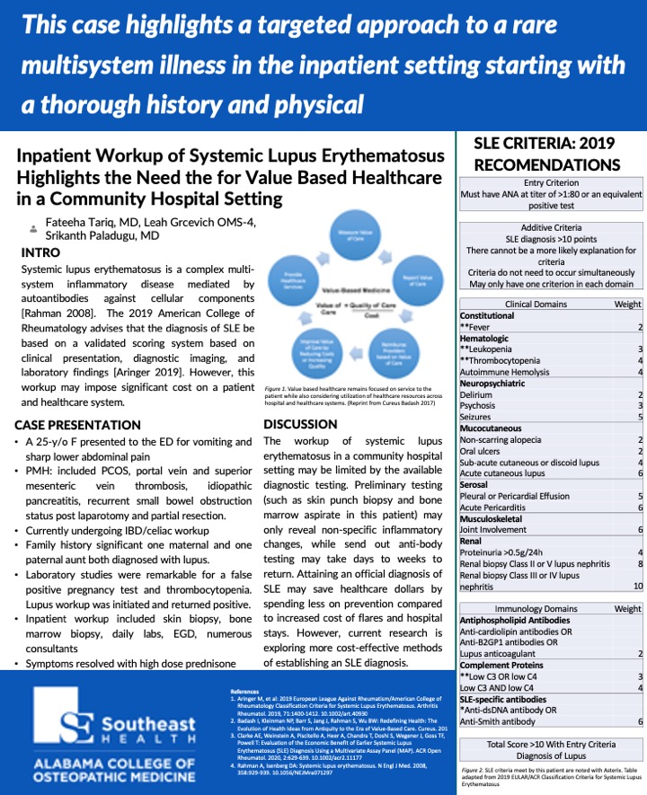 LGrcevich's tweet photo. Using the new SLE 2019 recommendations to provide a definitive diagnosis while trying to avoid a million-dollar inpatient workup @SocietyHospMed @ACOMEDU #shmWiregrass #ACOMposterday #WGCCV https://t.co/L7xA3V4fYl