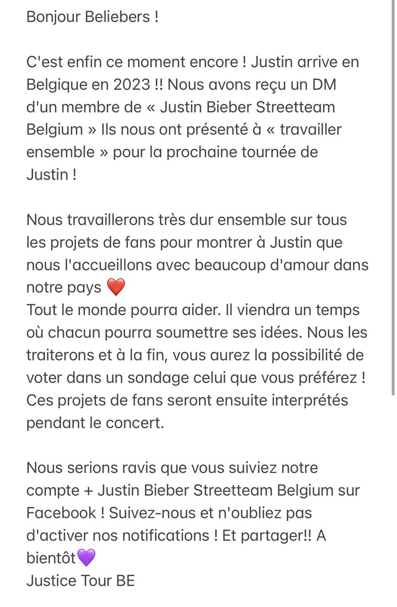 JusticeTourBE's tweet photo. NL: een belangerijk bericht voor jullie! 💜
FR: un message important pour vous ! 💜 
EN: an important message for you! 
-
-
-
-
#️⃣ Justin bieber Antwerp Antwerpen D’anvers justice tour Belgium Belgique Belgie https://t.co/ik8BgaEVSp