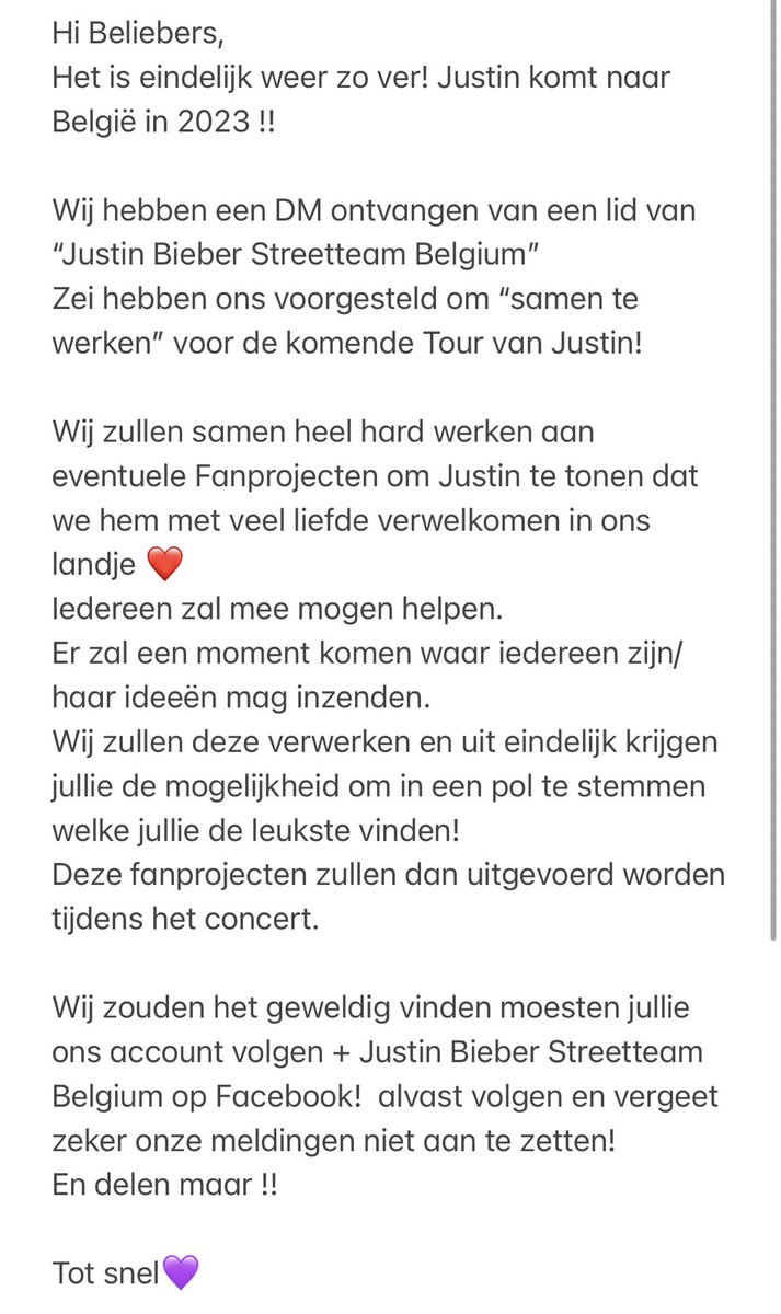 JusticeTourBE's tweet photo. NL: een belangerijk bericht voor jullie! 💜
FR: un message important pour vous ! 💜 
EN: an important message for you! 
-
-
-
-
#️⃣ Justin bieber Antwerp Antwerpen D’anvers justice tour Belgium Belgique Belgie https://t.co/ik8BgaEVSp