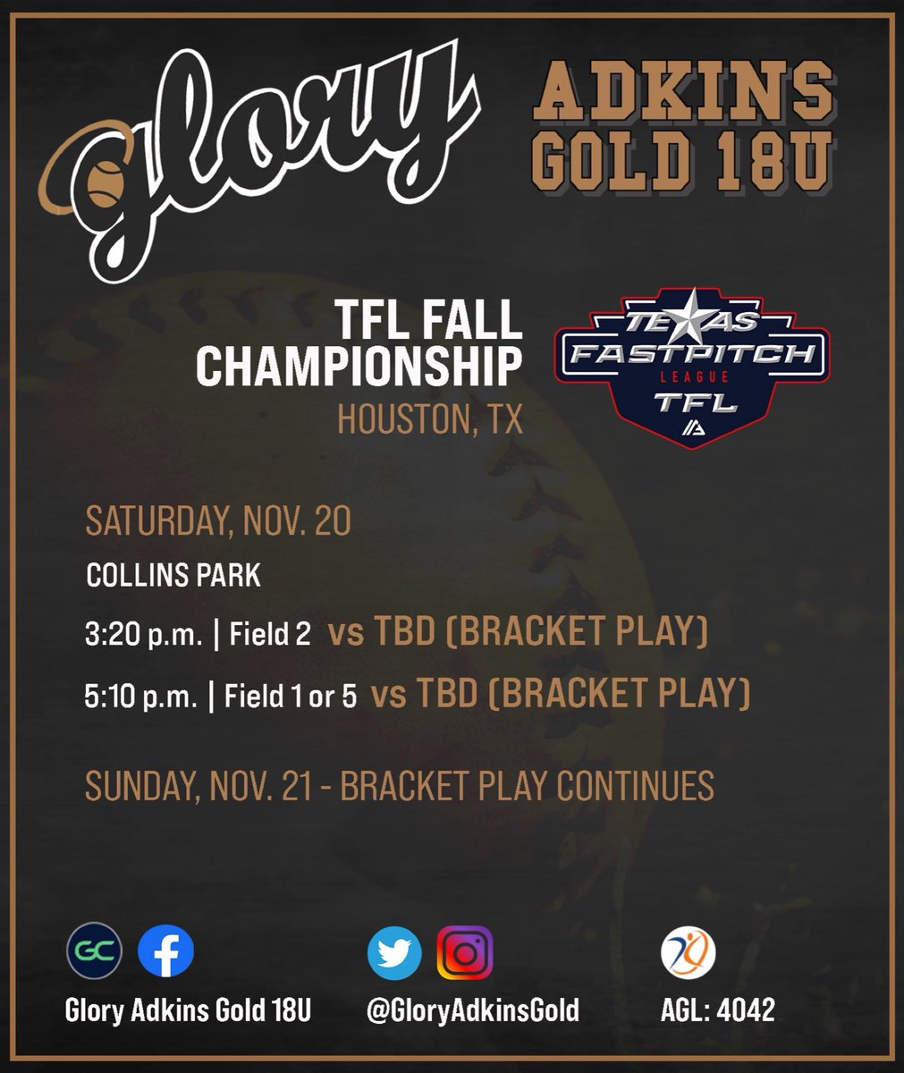 GloryAdkinsGold's tweet photo. Can’t wait to compete against some great teams at the @TFLfastpitch Fall Championships this weekend! Come ✅us out👇

#HalosUp | @texasgloryadkin 

@ExtraInningSB @BrenttEads @Los_Stuff @thealliancefp @KennyMatthews @Gosset41 @ImpactRetweets @IHartFastpitch https://t.co/bxLRT4eLLq