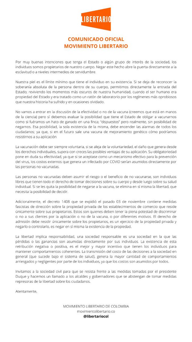 Comunicado oficial #movimientolibertario frente a la obligatoriedad de la presentación del carnet  de vacunación en establecimientos de ocio públicos o privados como restaurantes, bares, discotecas, casinos, centros deportivos, entre otros.