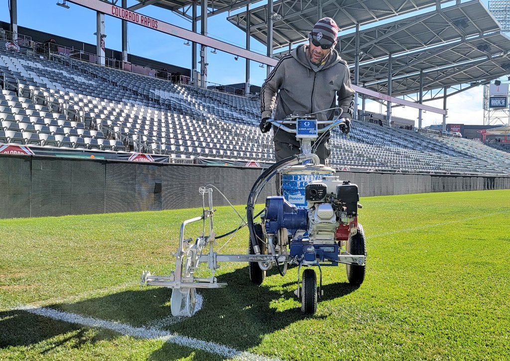Photog_JohnB's tweet photo. Via @Burgundywave's .@MLS @DSGpark... #FortDicks's well manicured lawn is receiving a full salon treatment today, including a #crewcut, fresh paint x stripes and colorful corner flags, ahead of the first of presumably a few #Rapids96 intrasquad scrimmages. #MLSCupPlayoffs @ 5280' https://t.co/PlGO3m4ZWX