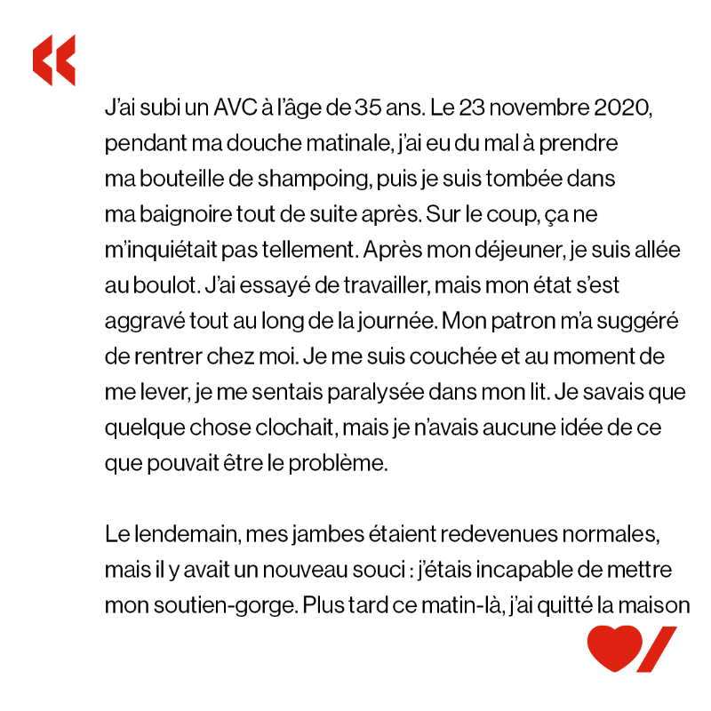 coeuretavc's tweet photo. « Quand on est jeune, on pense être à l’abri de ce type d’incident. Mais n’importe qui peut subir un AVC, même les personnes jeunes et en santé ». Voici Stéphanie. Elle s’efforce de #CombattrelAVC. Faites glisser l’image pour lire son histoire. #CoeuretAVCCombattonsEnsemble