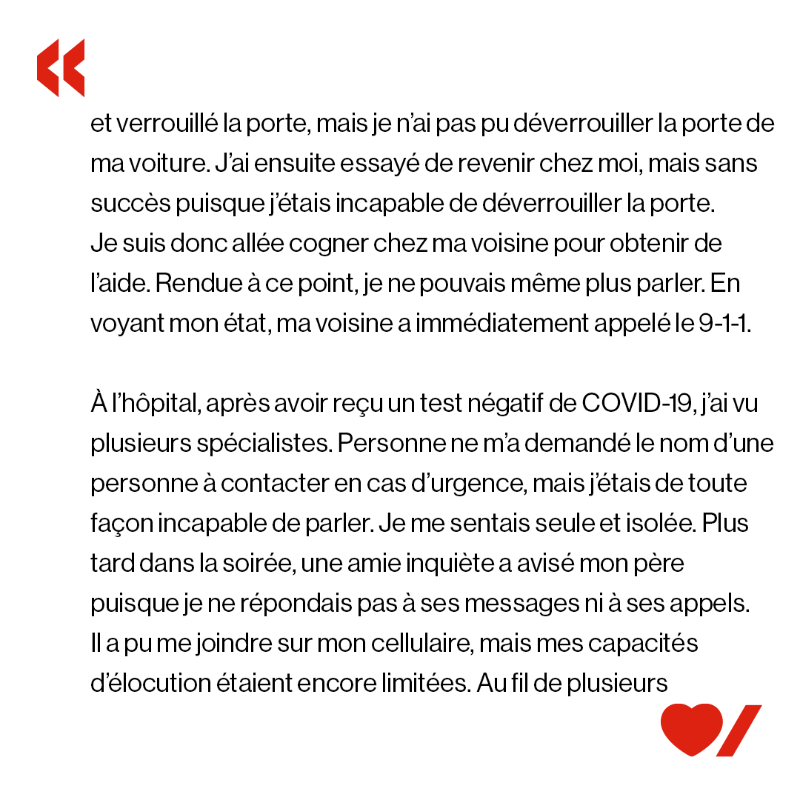 coeuretavc's tweet photo. « Quand on est jeune, on pense être à l’abri de ce type d’incident. Mais n’importe qui peut subir un AVC, même les personnes jeunes et en santé ». Voici Stéphanie. Elle s’efforce de #CombattrelAVC. Faites glisser l’image pour lire son histoire. #CoeuretAVCCombattonsEnsemble