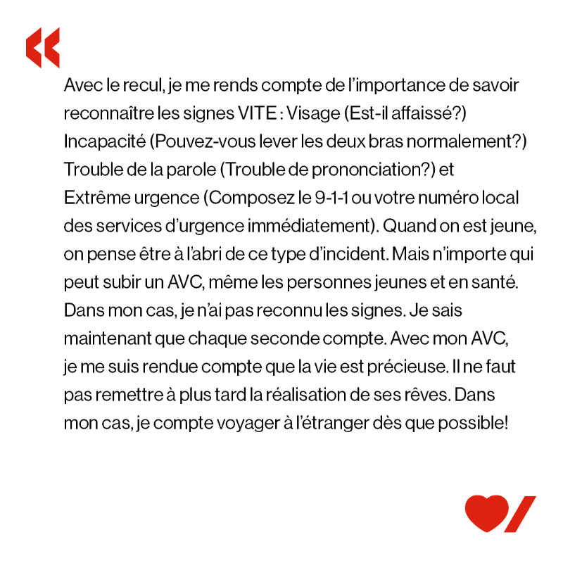 coeuretavc's tweet photo. « Quand on est jeune, on pense être à l’abri de ce type d’incident. Mais n’importe qui peut subir un AVC, même les personnes jeunes et en santé ». Voici Stéphanie. Elle s’efforce de #CombattrelAVC. Faites glisser l’image pour lire son histoire. #CoeuretAVCCombattonsEnsemble
