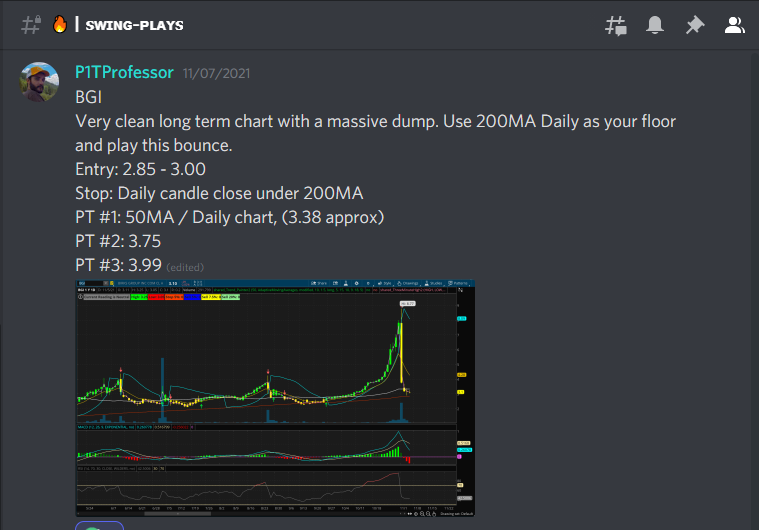 P1TProfessor's tweet photo. $BGI - Made the turn today for sure. Overtaking 9EMA and working on the 50MA next. Alerted 11 days ago in P1 Discord. https://t.co/gCjbjmseEt