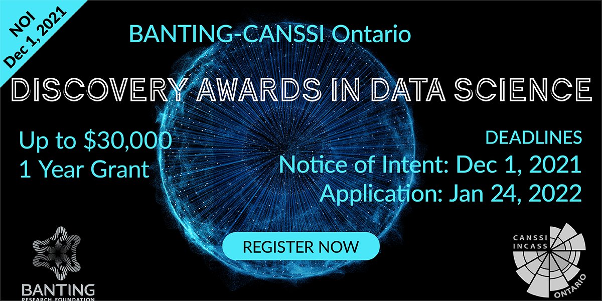 CANSSI Ontario (@canssiontario) on Twitter photo ⚠️ NOIs for the Discovery Awards in Data Science due Dec 1.
🏃♀️Get your NOI in as soon as possible.
🤝In partnership w/<a href="/BantingResearch/">Banting Discovery Foundation</a>.
💁 bit.ly/2HiEhQ1
<a href="/CarletonScience/">Carleton Science</a> <a href="/MathStats_UofG/">UofGMathStats</a> <a href="/McMasterScience/">McMaster Faculty of Science</a> <a href="/uOttawaScience/">uOttawa Science</a>
<a href="/YorkUMathStats/">YorkU Math and Stats</a> @ScienceUWindsor
<a href="/CU_DataScience/">Institute for Data Science</a> ⚠️ NOIs for the Discovery Awards in Data Science due Dec 1.
🏃♀️Get your NOI in as soon as possible.
🤝In partnership w/<a href="/BantingResearch/">Banting Discovery Foundation</a>.
💁 bit.ly/2HiEhQ1
<a href="/CarletonScience/">Carleton Science</a> <a href="/MathStats_UofG/">UofGMathStats</a> <a href="/McMasterScience/">McMaster Faculty of Science</a> <a href="/uOttawaScience/">uOttawa Science</a>
<a href="/YorkUMathStats/">YorkU Math and Stats</a> @ScienceUWindsor
<a href="/CU_DataScience/">Institute for Data Science</a>